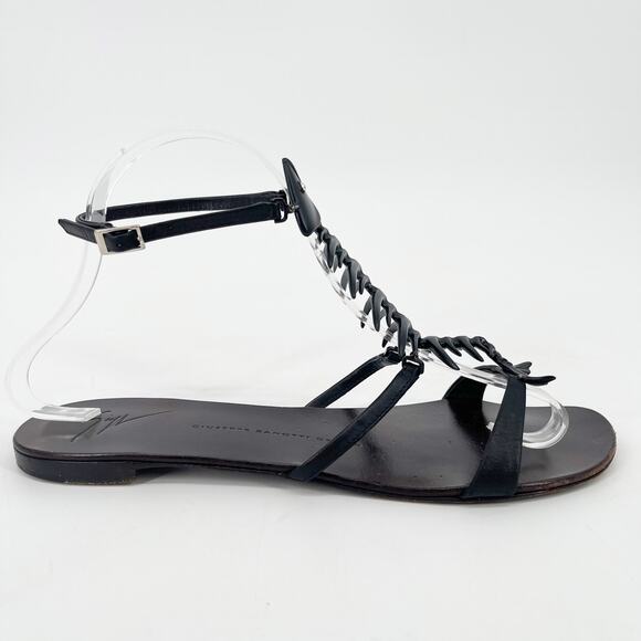 Giuseppe Zanotti Black Fishbone Embellished Flat Ankle Strap Sandals IT 39.5 - Picture 2 of 14